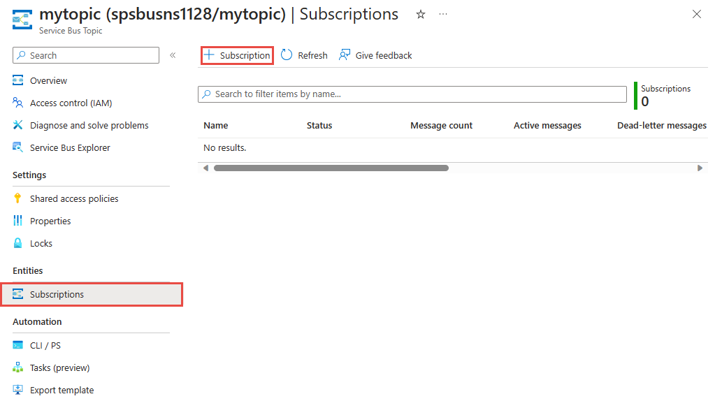 Screenshot of the Subscriptions page with the Add subscription button selected.