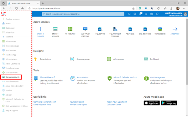 Image of the Azure portal homepage showing the location of the Menu button near the top left corner of the browser.