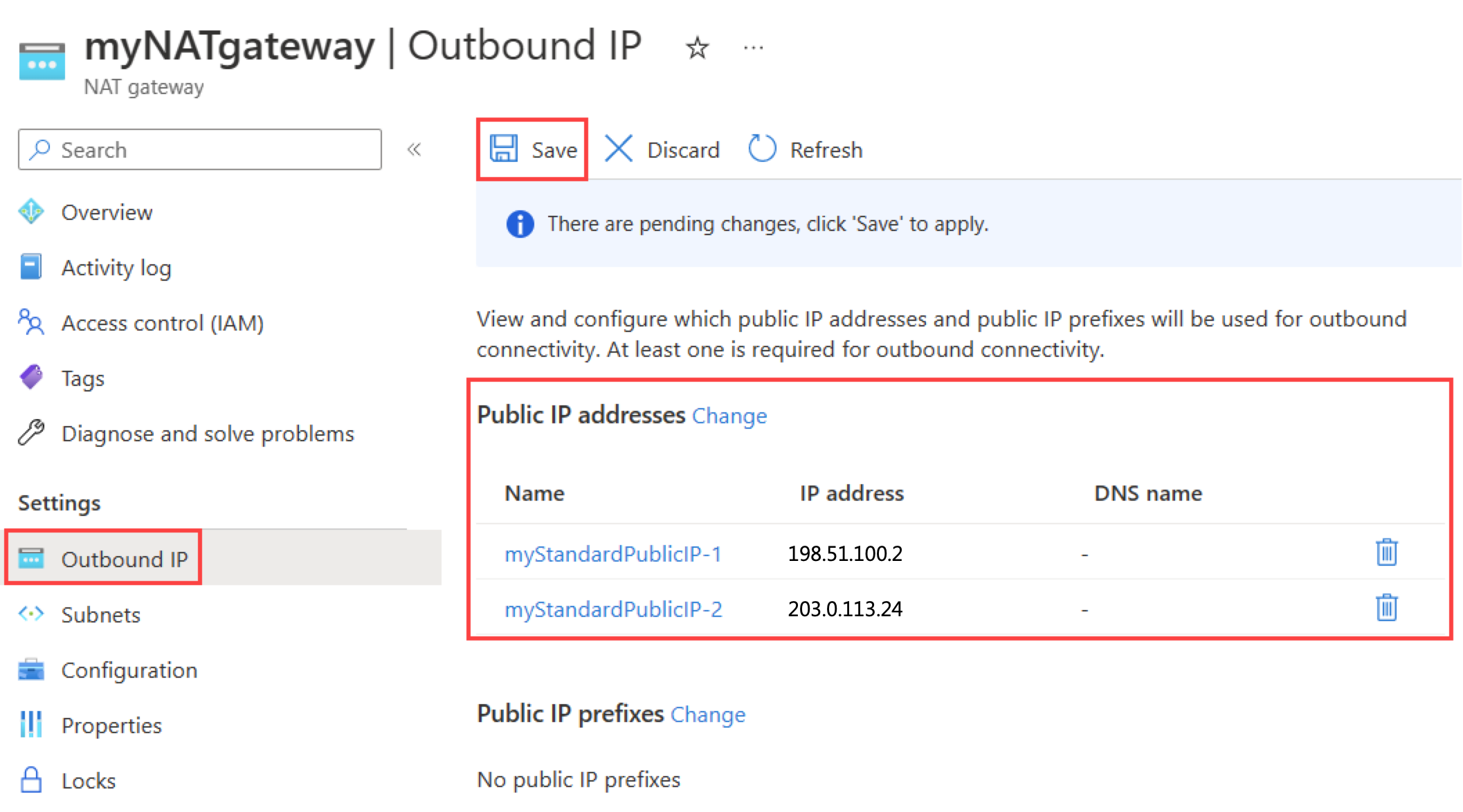 Screenshot of the NAT gateway Outbound IP configuration page showing the added public IP address.