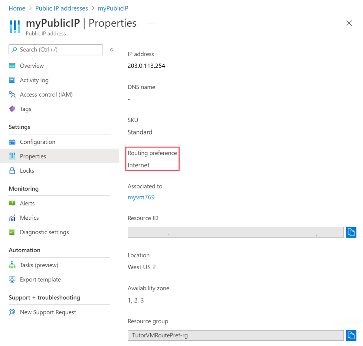 Screenshot of verify internet routing preference.