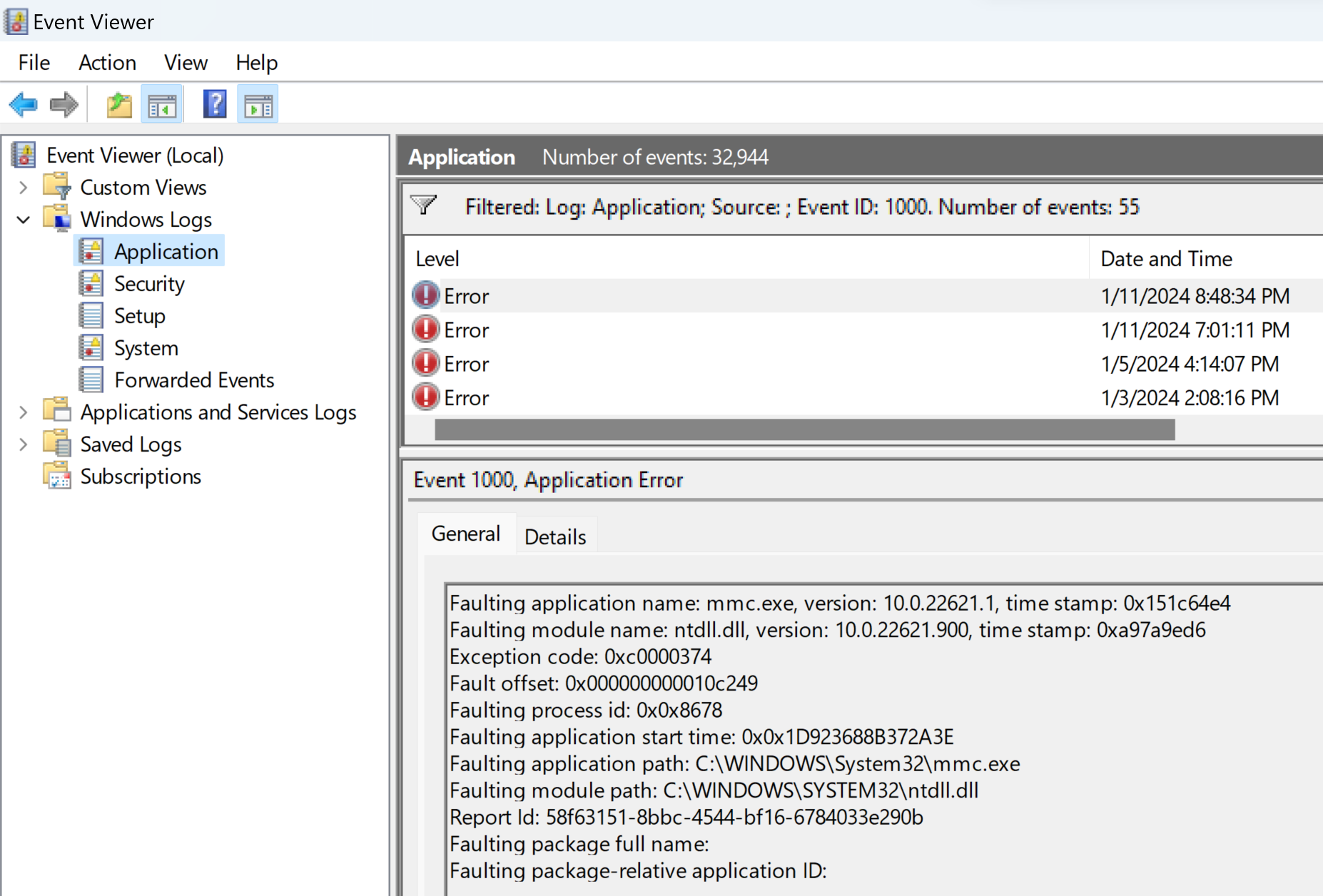 Screenshot of the Event Viewer showing a filtered log list.