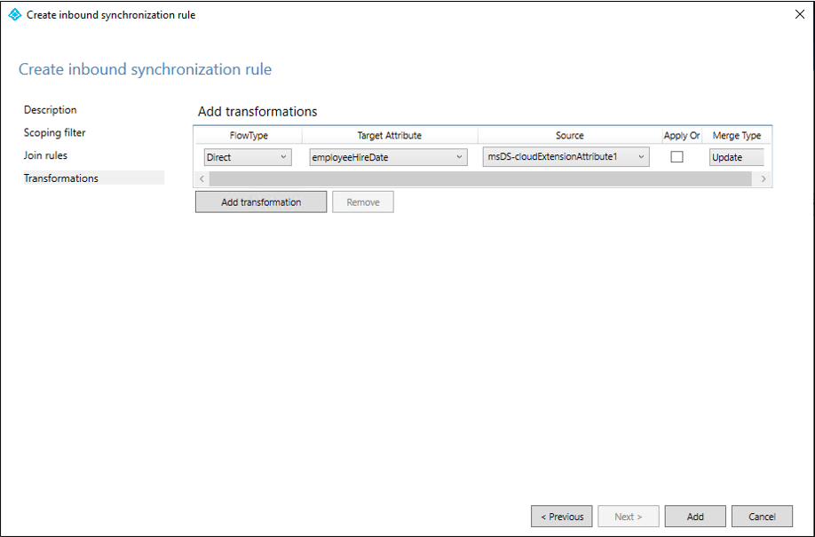 Screenshot of creating inbound synchronization rule transformations.