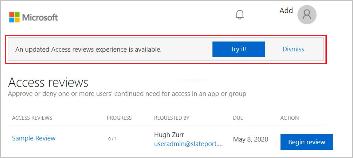Pending access reviews list for apps and groups with the new experience available banner displayed during the preview
