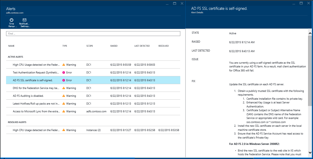 Screenshot that shows the Microsoft Entra Connect Health "Alerts" page with an alert selected, and the "Alert Details" window displayed.