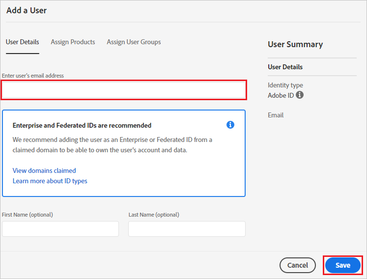 Adobe Identity Management save user