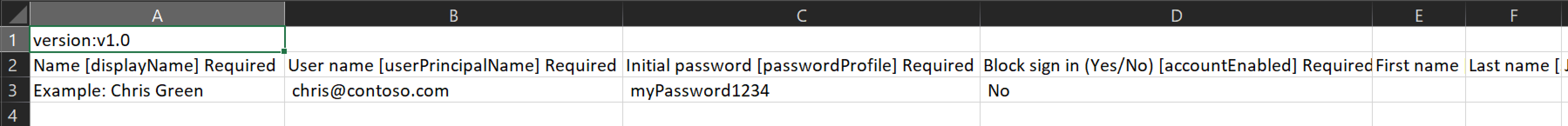 Screenshot showing an example of the CSV file containing the names and IDs of the users to create.