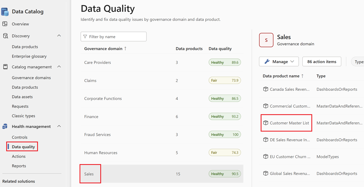 Screenshot of data quality page, with a governance domain selected and a data product highlighted.