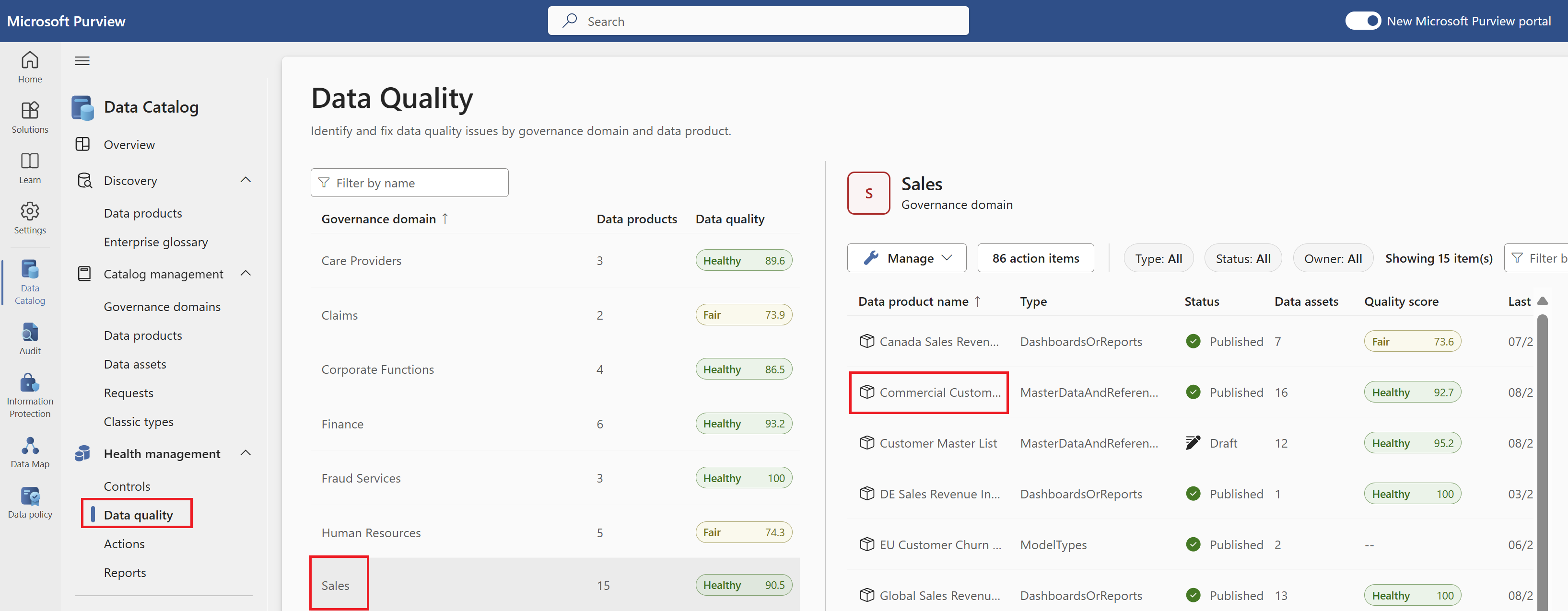 Screenshot of a governance domain and data product.