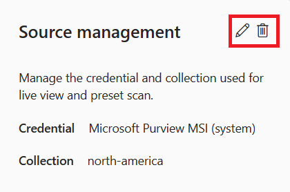 Screenshot of the source management window, showing the credentials with the edit and delete buttons highlighted.