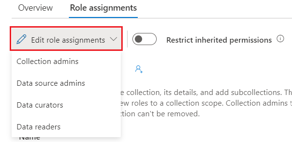 Screenshot of the Microsoft Purview governance portal collection window, with the edit role assignments dropdown list selected.
