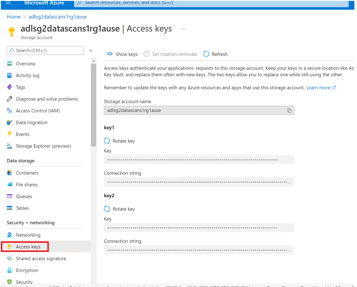 Screenshot that shows the access keys in the storage account