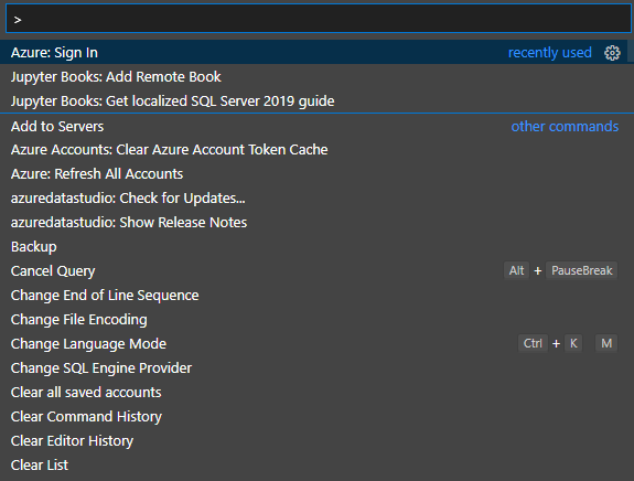 Screenshot that shows the Azure Data Studio palette.