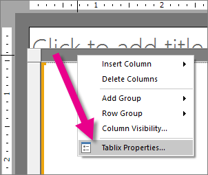 Screenshot that shows the Tablix Properties option for the Report Builder free form report.