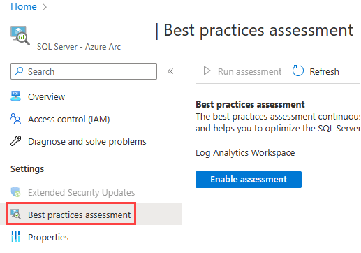 Screenshot that shows the button for enabling best practices assessment for an Azure Arc-enabled SQL Server resource.