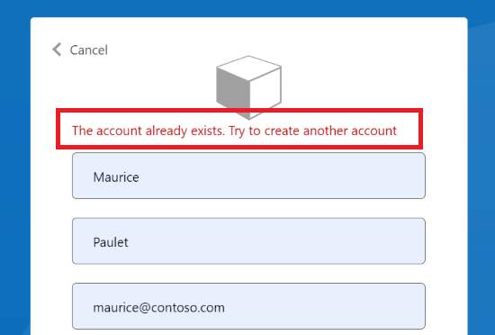 A screenshot of error as account already exists.