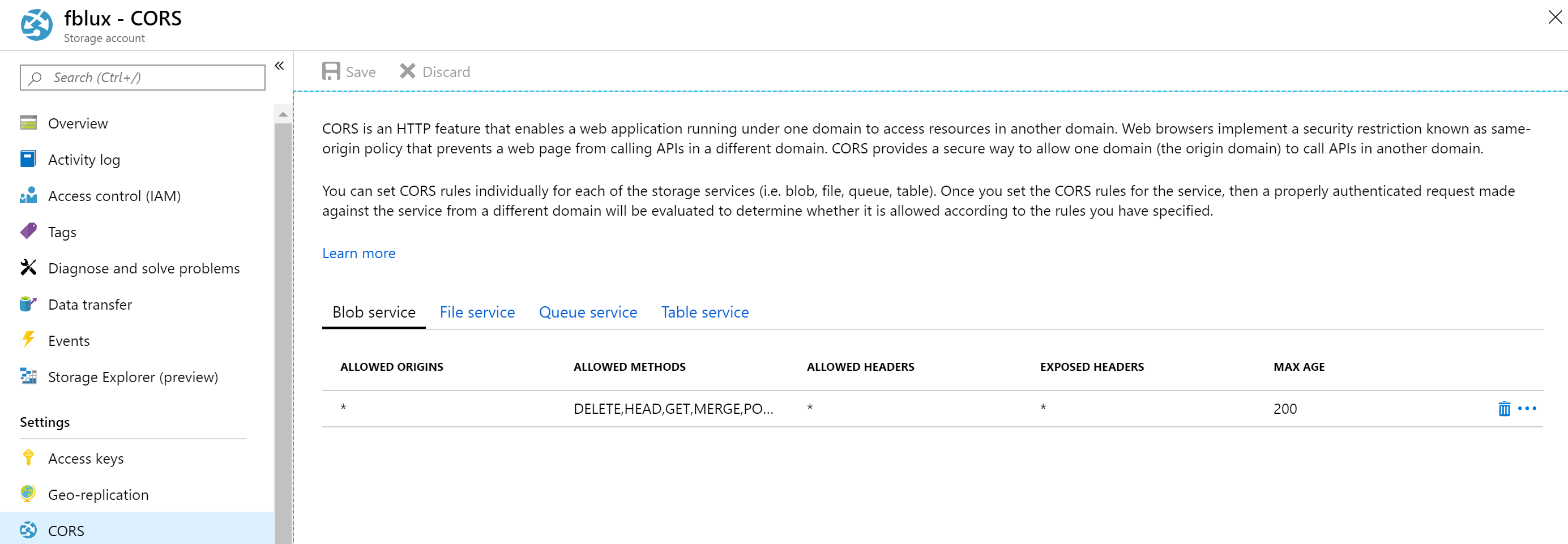 CORS setup in the Azure portal