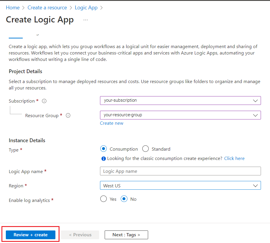 Screenshot showing field values to create a Logic App resource.