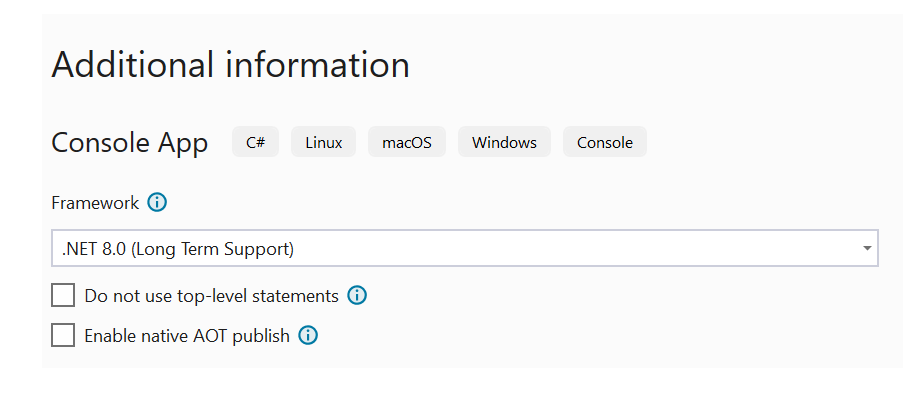 Screenshot of Visual Studio's additional information page.