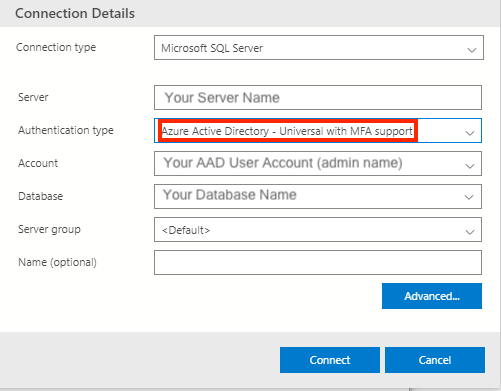 Screenshot that shows how to set connection details.