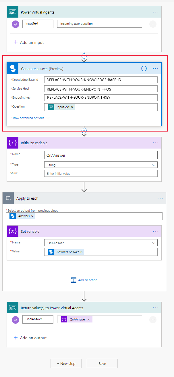 Partial Screenshot of QnA Maker template flow with Generate answer (Preview) highlighted.