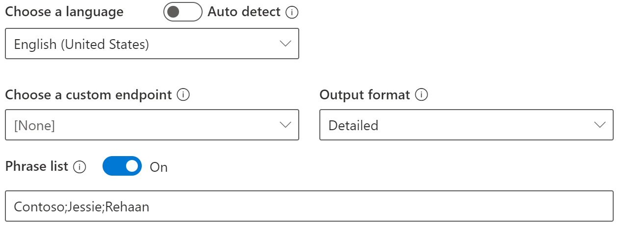 Screenshot of a phrase list applied in Speech Studio.