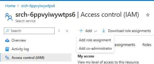 Screenshot shows Access control for search resource.