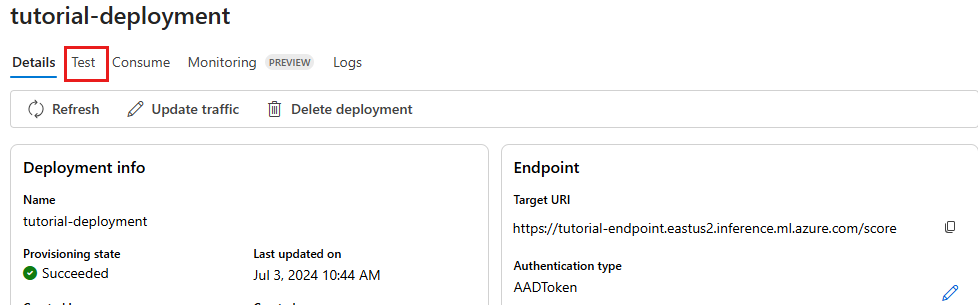 Screenshot shows deployment overview in Azure AI Studio.