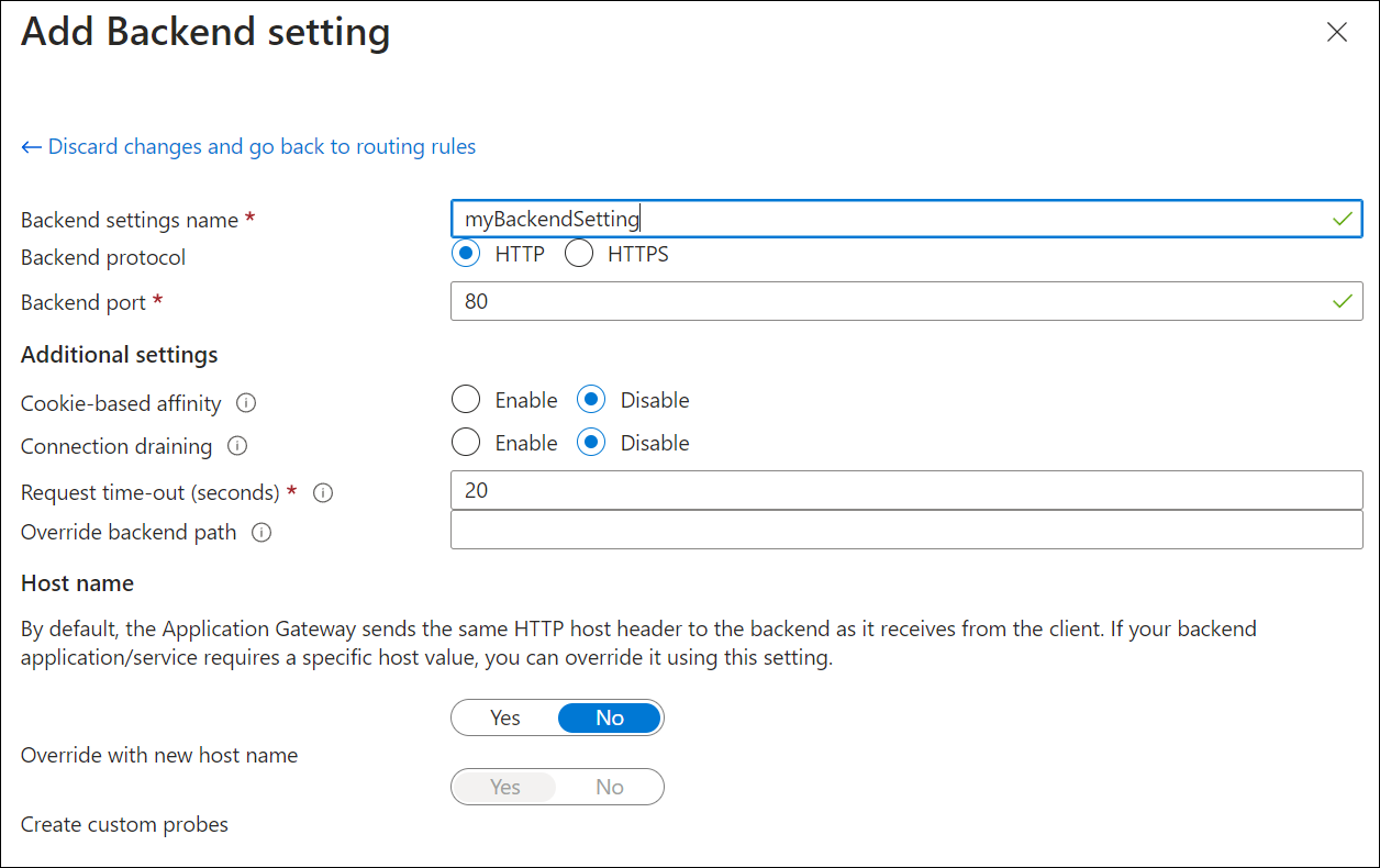 Create new application gateway: HTTP setting