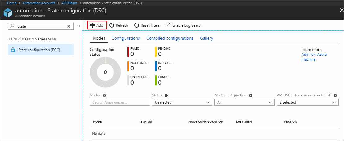 Screenshot of the DSC Nodes page highlighting the Add Azure VM button