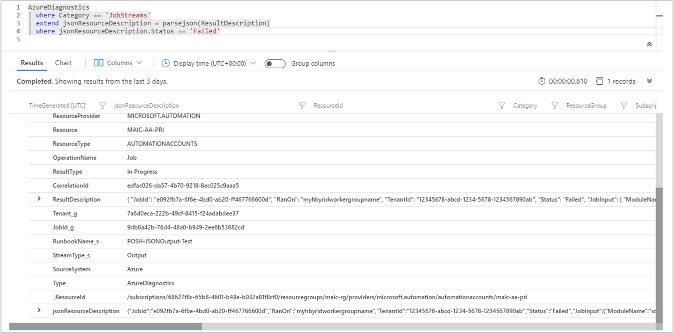 Log Analytics Historical Job Stream JSON format