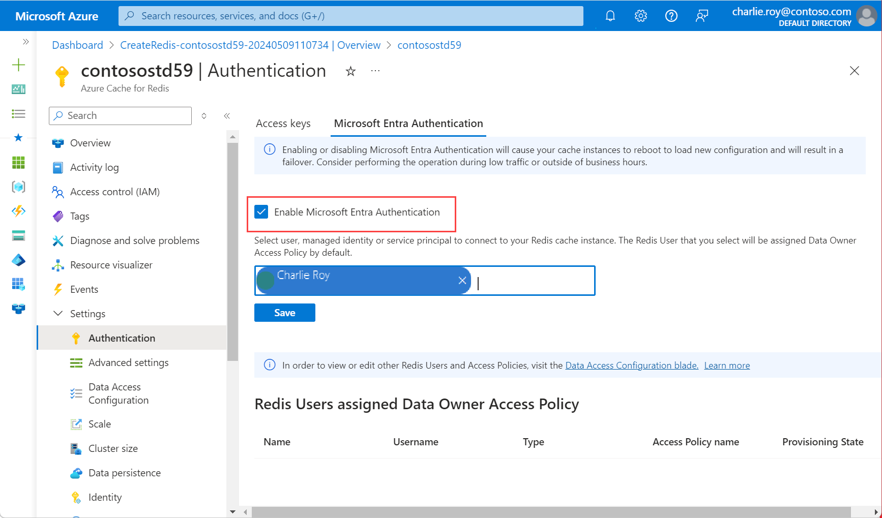 Screenshot that shows Authentication selected in the service menu and the Enable Microsoft Entra Authentication checkbox selected.