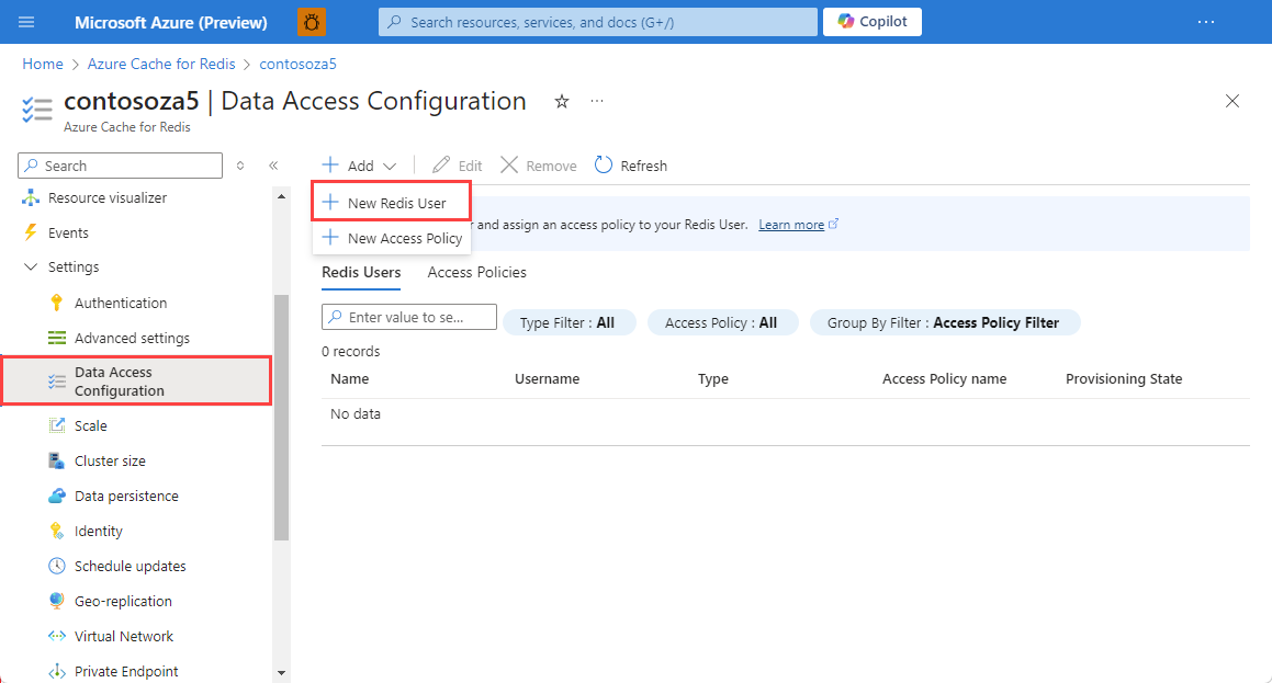 Screenshot showing the data access configuration pane with New Redis User highlighted.