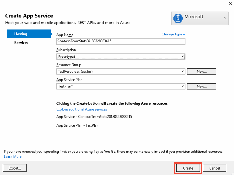 Screenshot that shows the App Service dialog box in Azure.