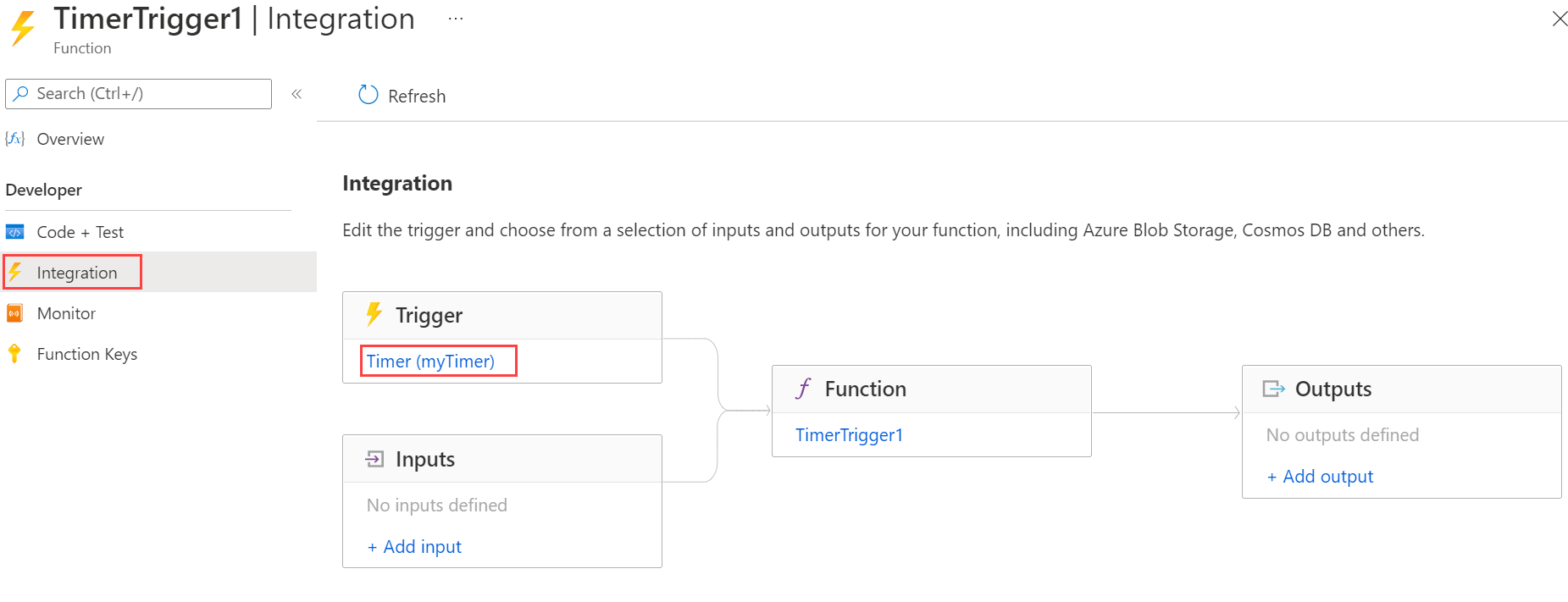 Screenshot of Update the timer schedule page in the Azure portal.