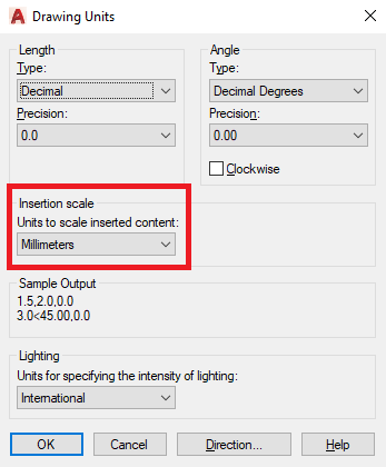 Screenshot of the drawing units window in Autodesk's AutoCAD® software.