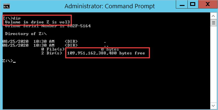 Screenshot that shows using a command to display storage capacity for a volume before behavior change.