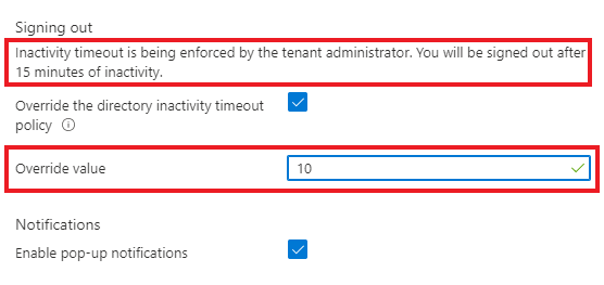 Screenshot showing the directory inactivity timeout override setting.