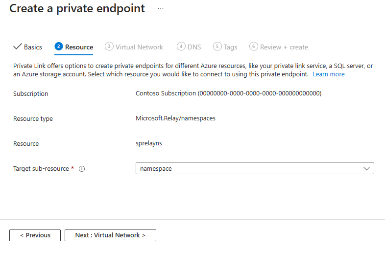 Screenshot showing the Resource page of the Create a private endpoint wizard.