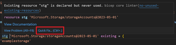 A screenshot using Quick Fix for the no-unused-existing-resources linter rule.