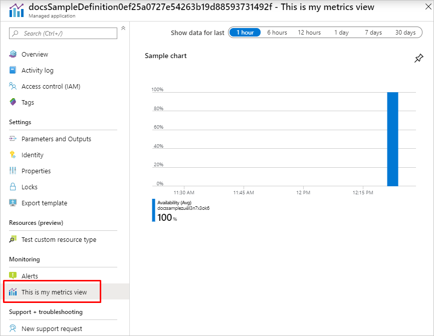 Screenshot shows a Monitoring page called This is my metrics view for a managed application.