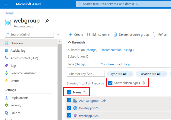 Screenshot of the Show Hidden Types option in the portal when moving App Service resources.