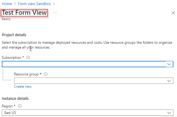 Screenshot of the generated basic Azure portal form.