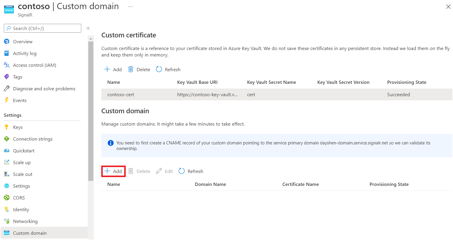 Screenshot of custom domain management.