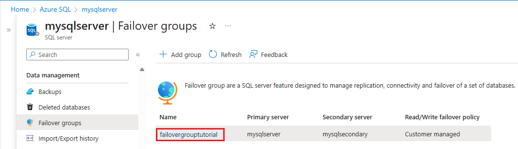 Screenshot shows Failover groups where you can select a failover group for your SQL Server.