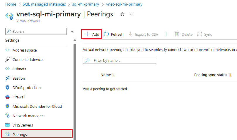 Screenshot of peerings page for virtual network A in the Azure portal.