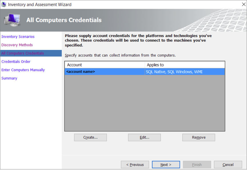 Screenshot that shows the All Computers Credentials page of the Inventory and Assessment Wizard.