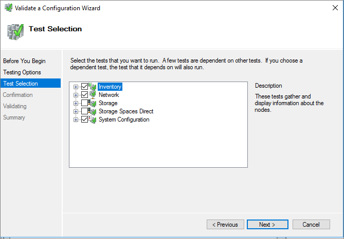 Screenshot showing how to select cluster validation tests.