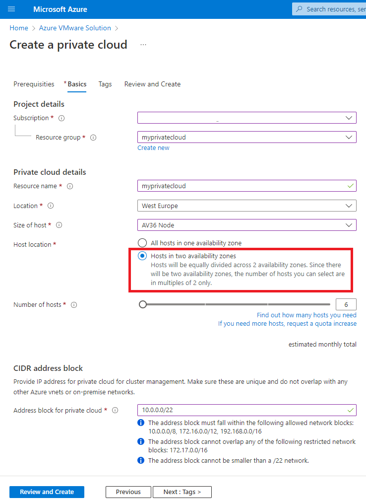 Screenshot shows where to select hosts in two availability zones.