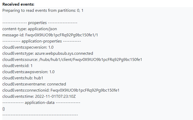 Screenshot of a printed connected event in the Event Hubs consumer client app.