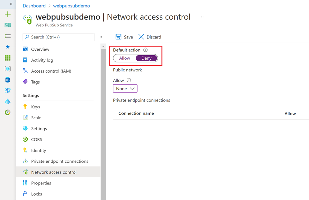 Screenshot that shows the Network access control pane in the Azure portal.